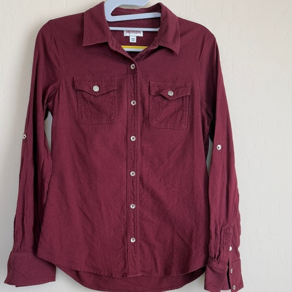 True Religion Button Down Burgundy Utility Shirt Cotton Long Sleeve Western Med - Picture 1 of 8